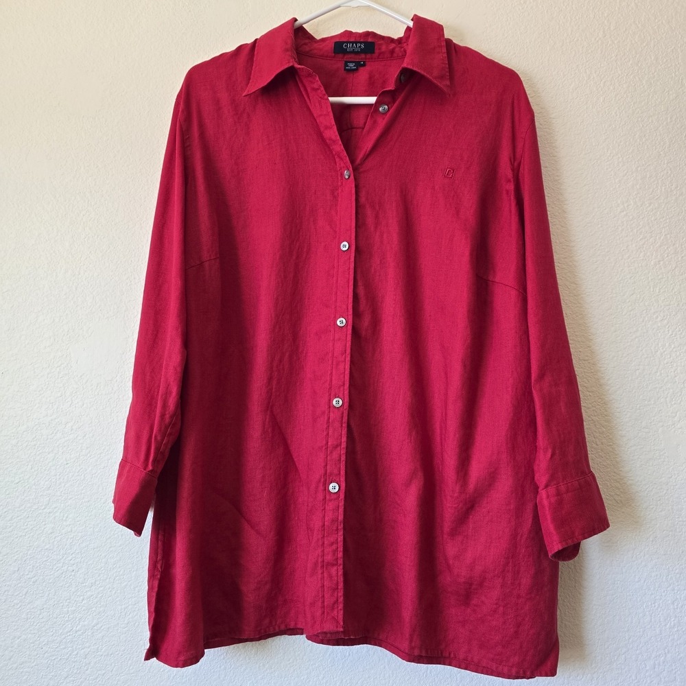 Chaps Women's Plus 1XL 100% Linen Red Button Down Tunic Shirt 3/4 Sleeve Coastal